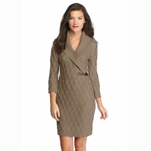 New! CALVIN KLEIN Women's Buckle-detail Sheath Sweater Dress Color Taupe - Picture 1 of 3